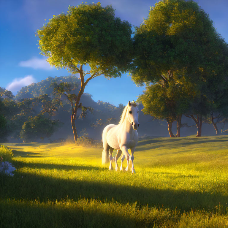 White Horse in Sunlit Meadow Surrounded by Trees and Blue Sky