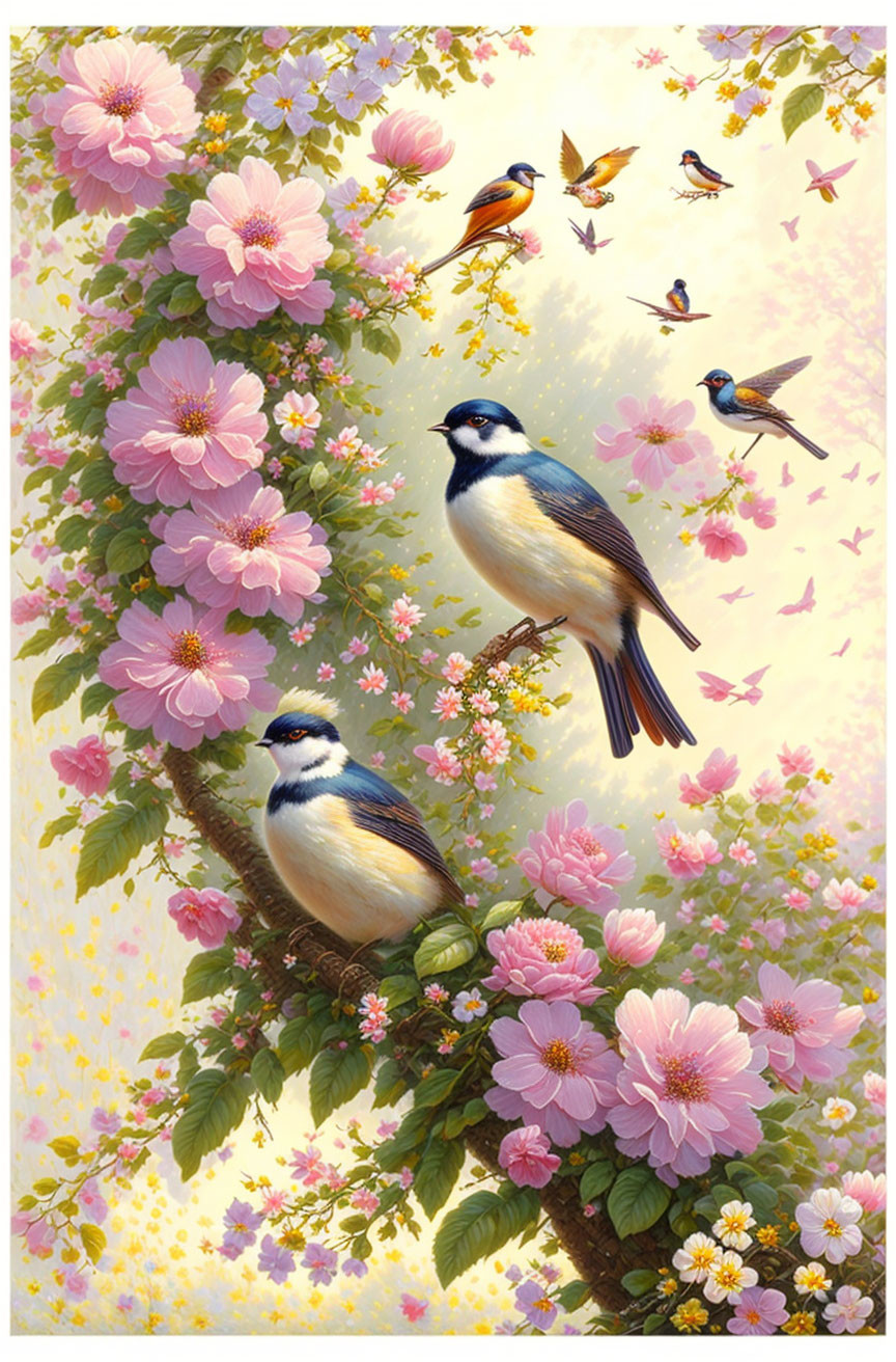 Birds and butterflies in pink blossom setting on branches