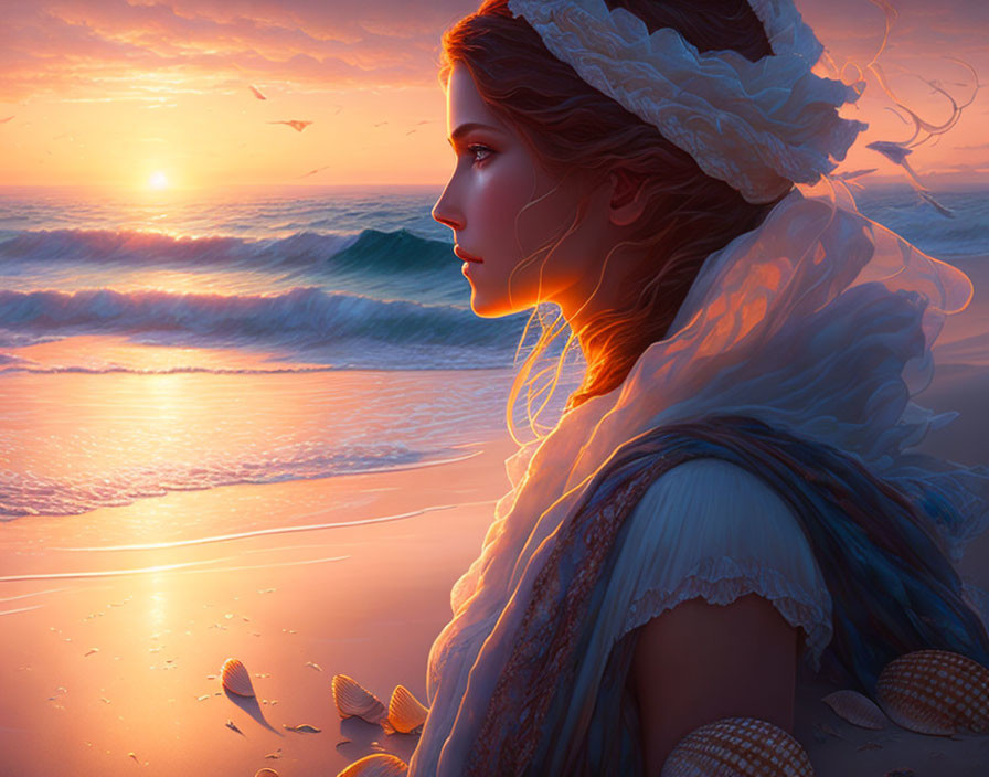 Historical woman gazes at sunset over ocean with waves and birds