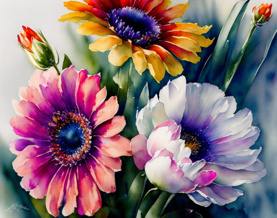 Colorful Watercolor Painting of Gerbera Flower Bouquet