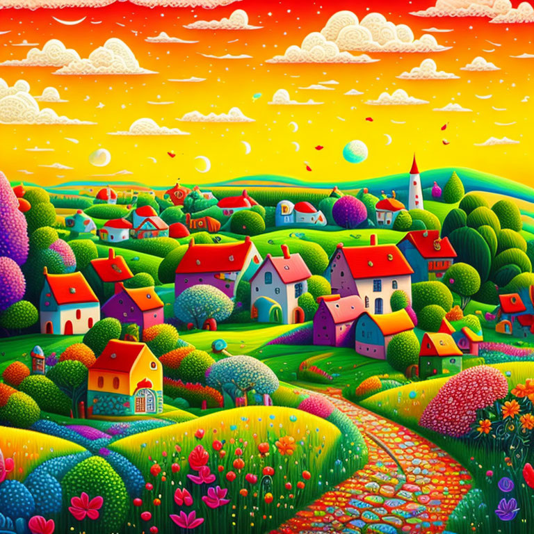 Colorful village and rolling hills in whimsical landscape