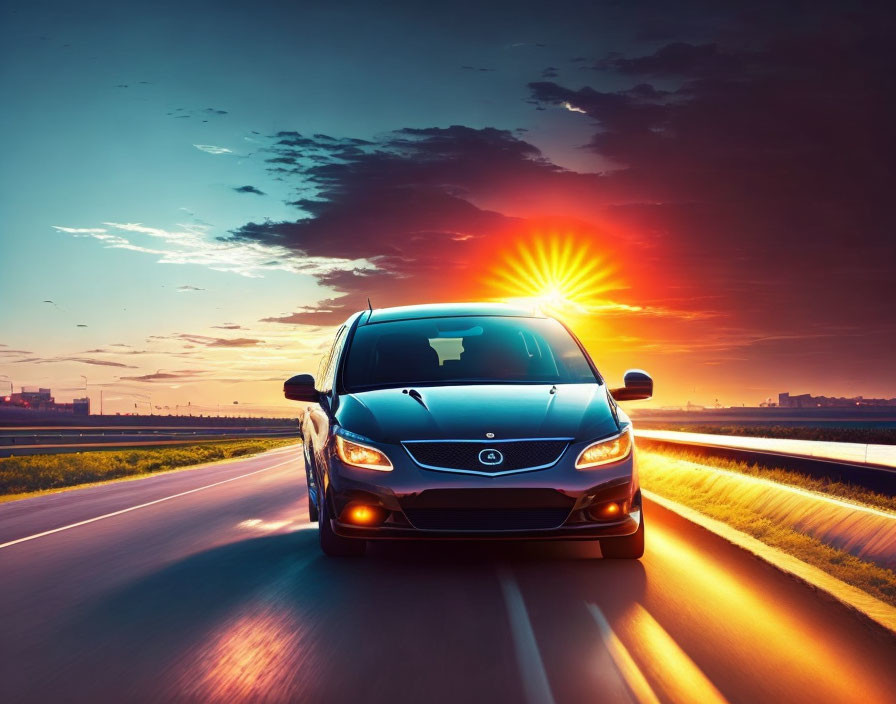 Sleek car on highway at sunset with orange and blue sky.