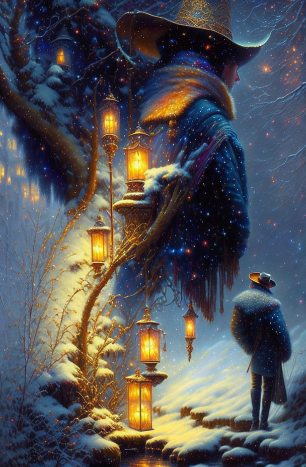 Vintage clothing duo in snowy scene with hanging lanterns