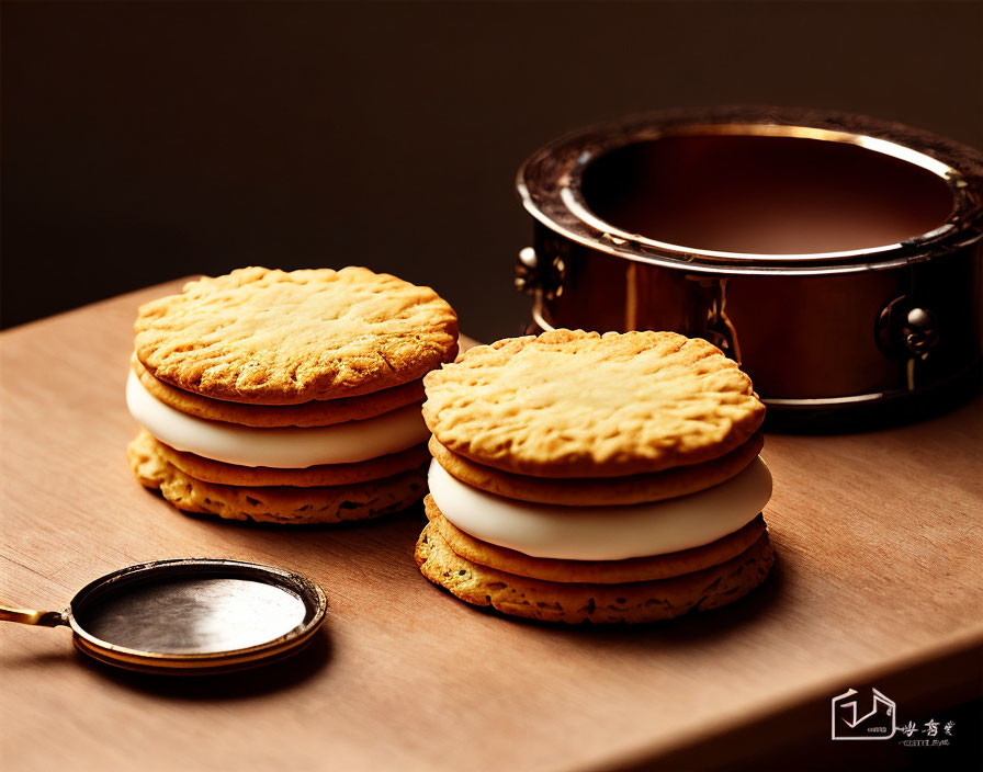 Golden brown toasted marshmallow smores on wooden surface with mirror and brass pot