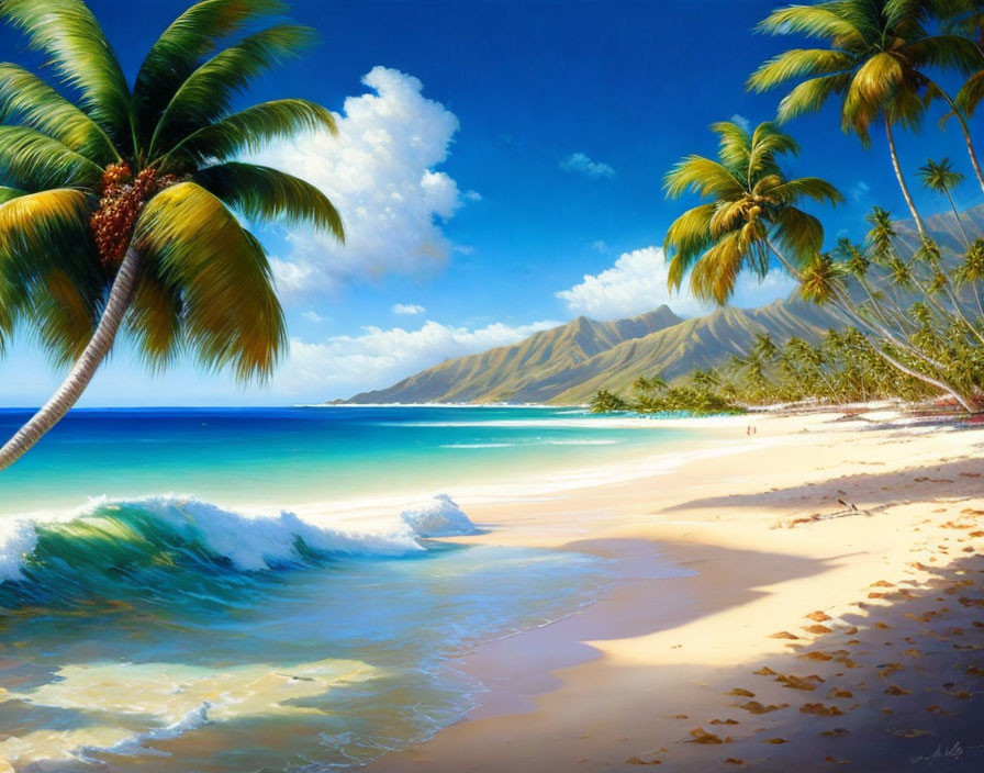 Scenic tropical beach with palm trees, clear blue waters, and distant mountains