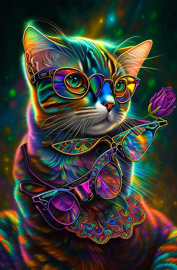 Colorful Cat Artwork with Psychedelic Glasses and Rose on Neon Background