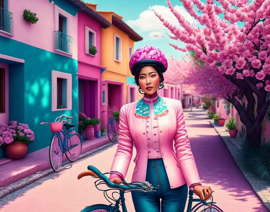 Woman in Pink Outfit with Bicycle on Vibrant Street and Colorful Houses