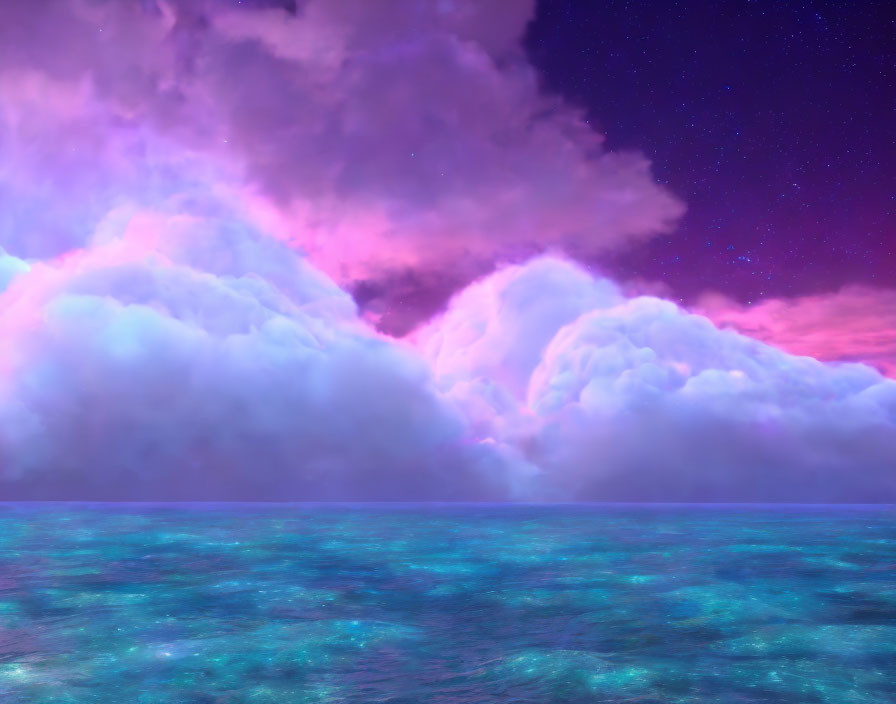 Colorful clouds over teal ocean under purple starry sky with pink hues - a dreamy scene.