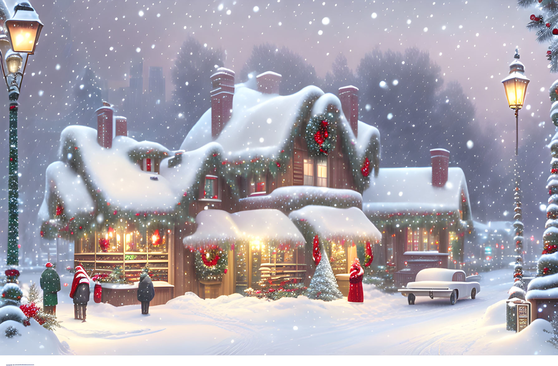 Winter scene: Snow-covered houses, Christmas decorations, street lamps, people walking, classic car.