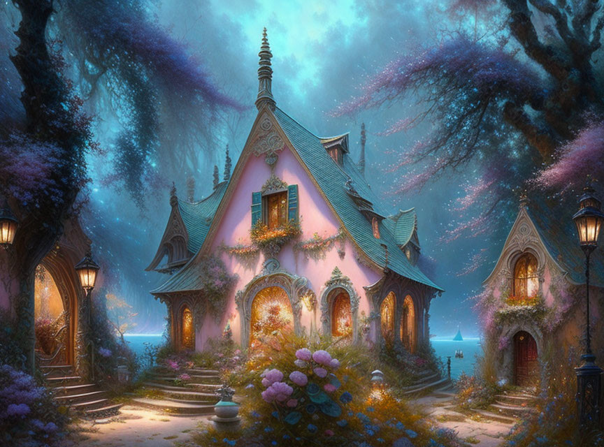 Twilight enchanted forest cottage with glowing windows in whimsical scenery