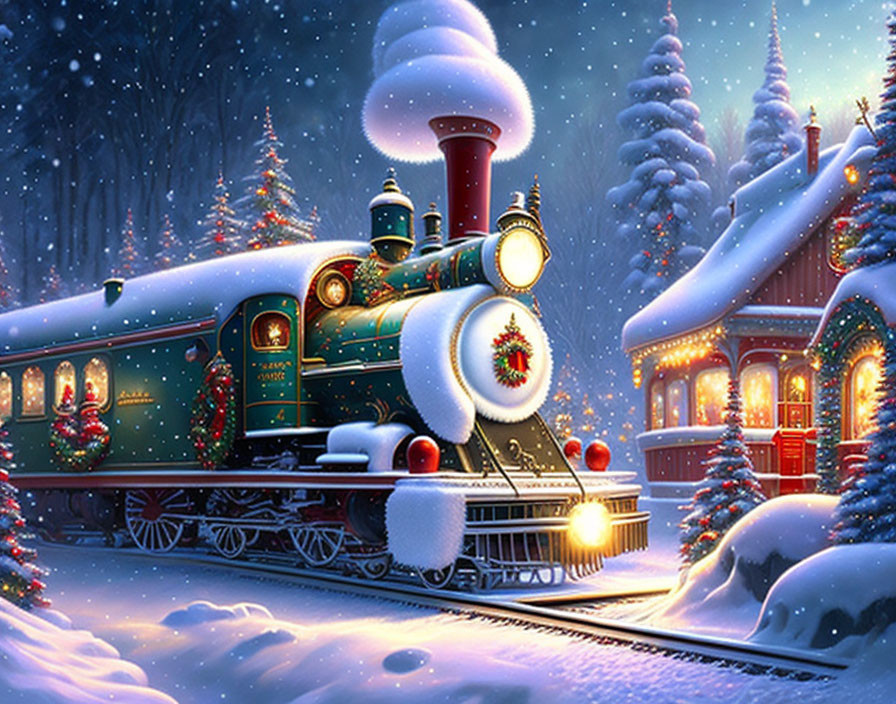 Holiday Train Stationed by Cozy Cottage in Snowy Scene