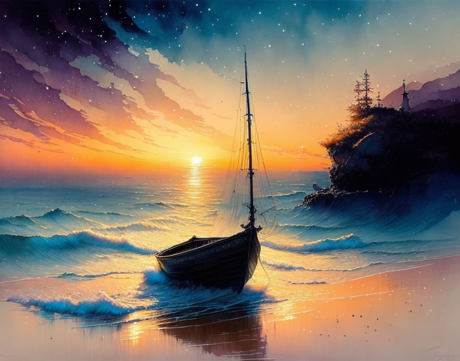 Tranquil beachscape with sailboat, vibrant sunset colors, starry twilight sky.