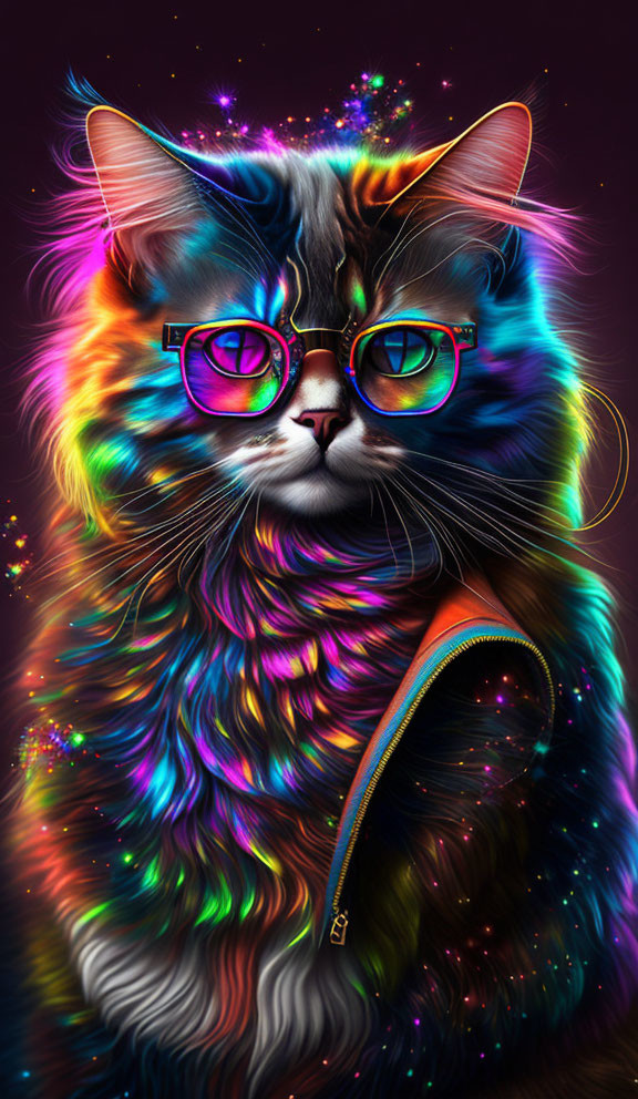 Colorful Cat Illustration with Psychedelic Patterns and Rainbow Glasses