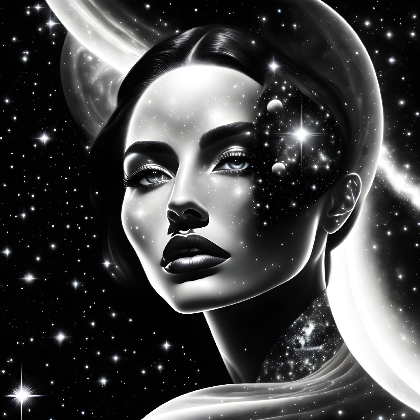 Monochrome digital art: Woman's face with cosmic features