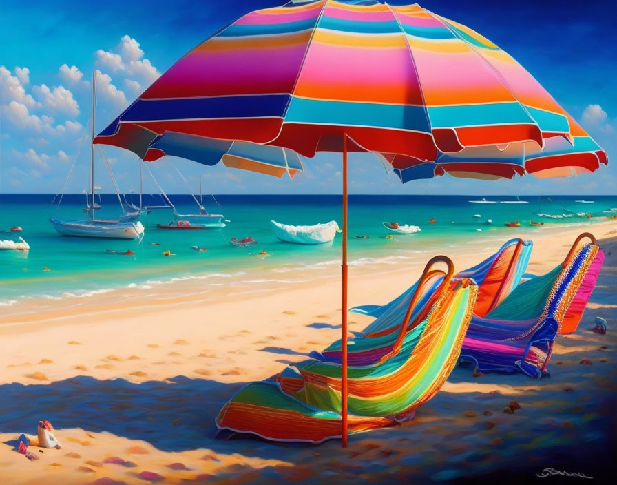 Vibrant Beach Umbrella & Lounge Chairs on Sandy Shore