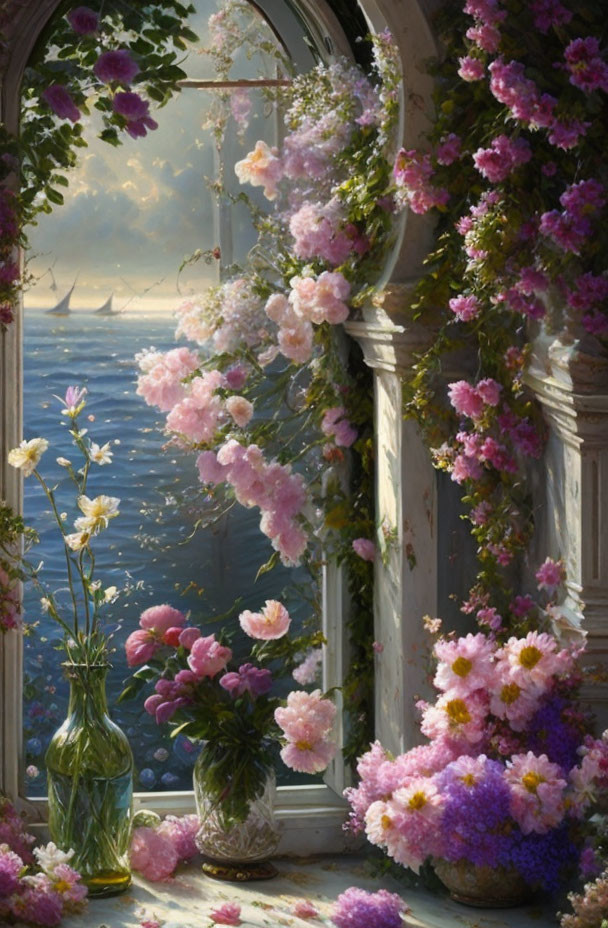 Window overlooking calm sea framed by pink and purple flowers.