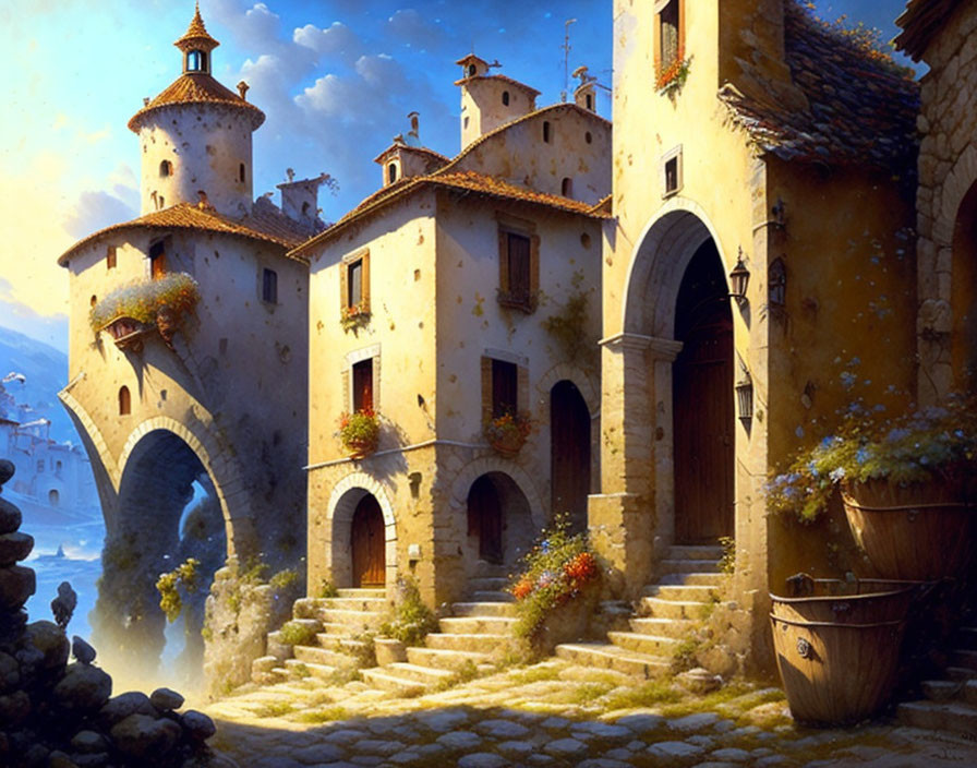 Sunlit medieval stone village with bridge and colorful flowers