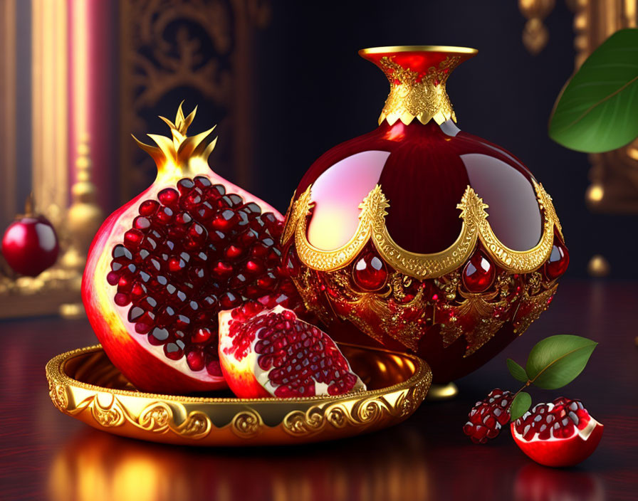 Ripe pomegranate and decorative vase on golden tray in still life