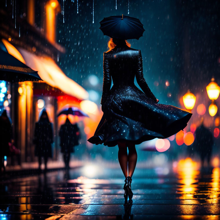 Person in black dress with umbrella walking on rainy city street at night