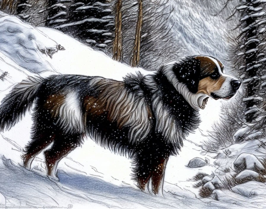 Bernese Mountain Dog in Snowy Landscape with Falling Snowflakes