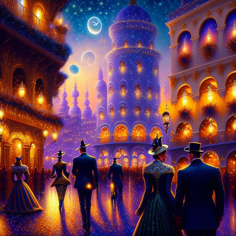 Victorian-era figures approaching illuminated castle at night