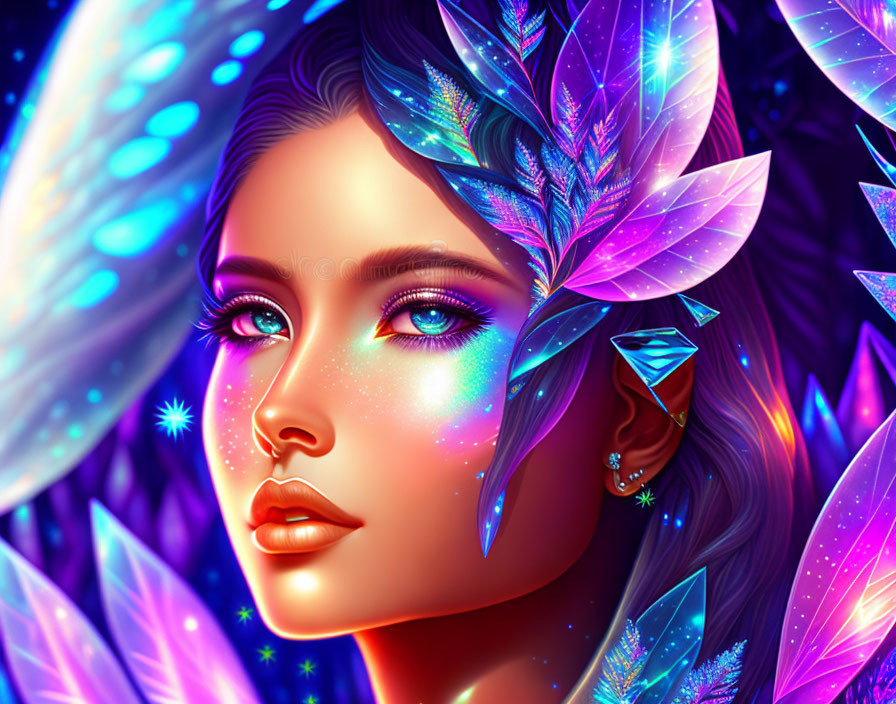 Colorful digital artwork of a woman with neon leaf hair and fantasy aura