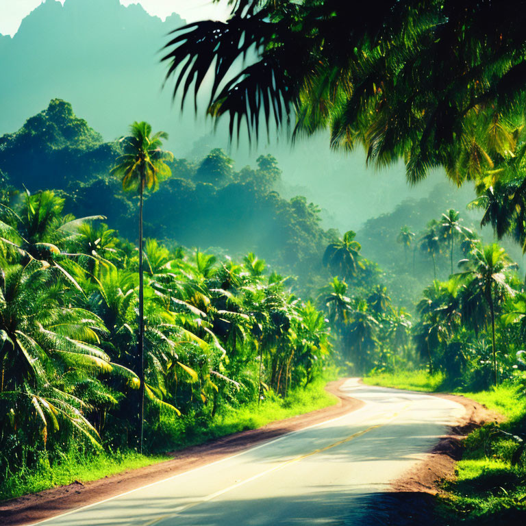 Curved Road Through Lush Tropical Landscape