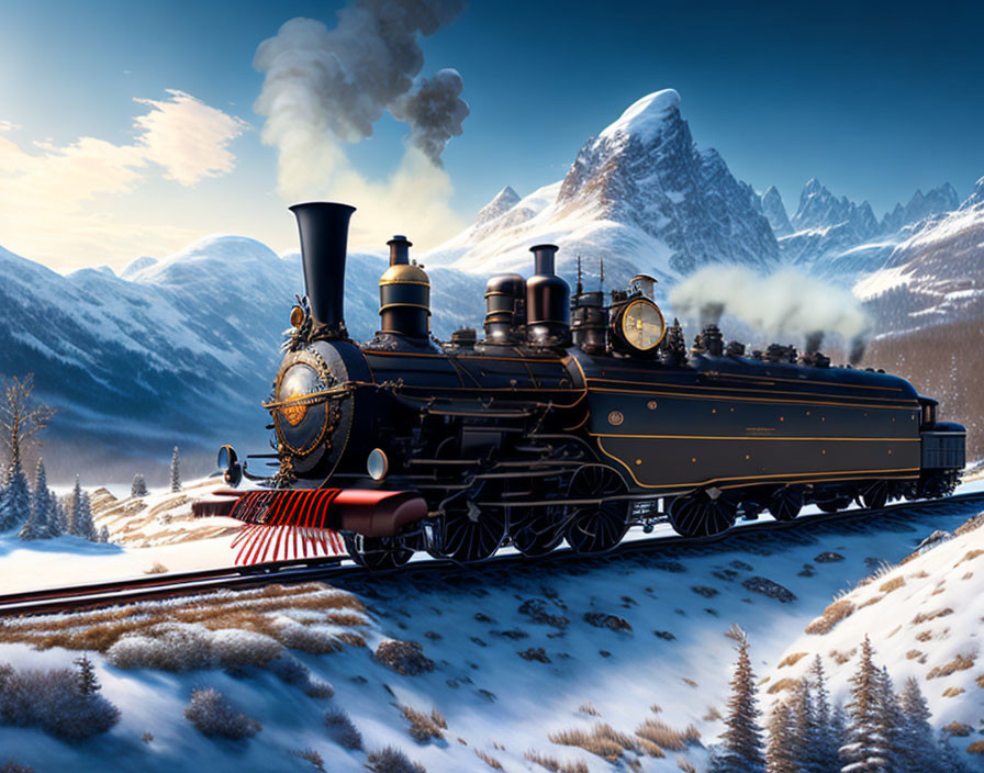 Vintage steam locomotive in snowy mountain landscape with alpine peaks and blue sky