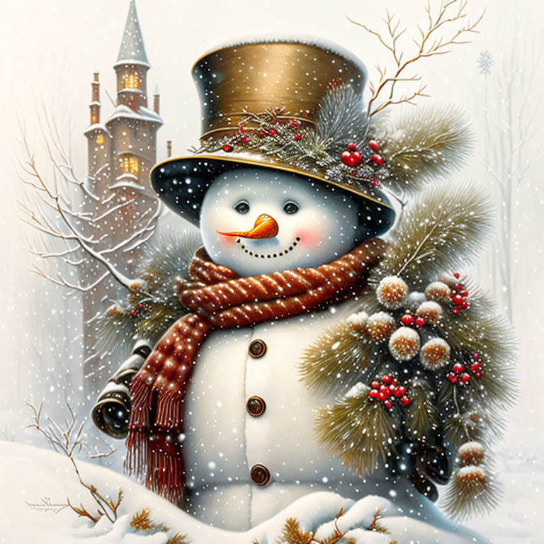 Cheerful snowman with top hat and scarf in snowy church scene