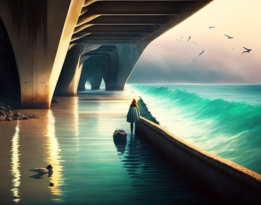 Person under bridge watching waves and birds by calm water