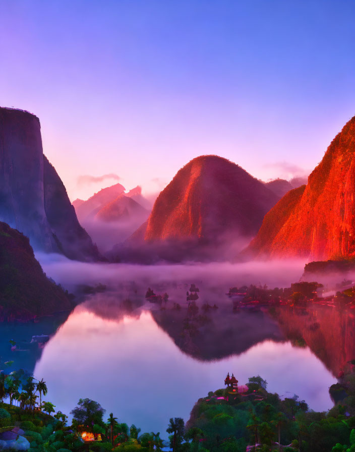 Tranquil Lake at Sunrise with Lush Hills and Village