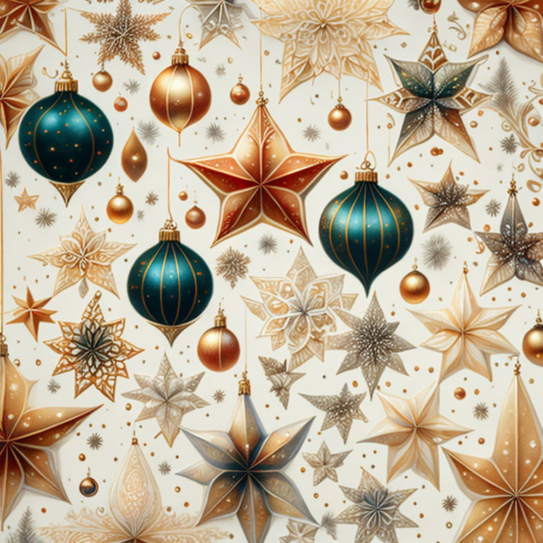 Festive Christmas Pattern: Gold Stars, Blue & Gold Baubles, Snowflakes on