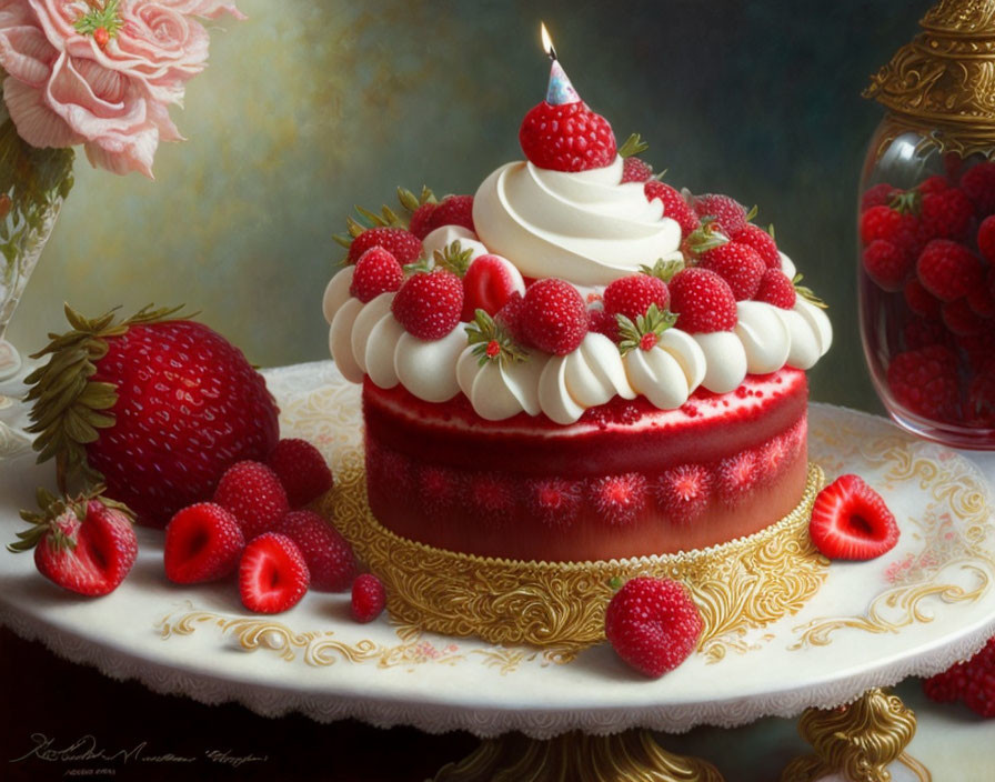 Elegant strawberry cake with berries, cream, and candle on ornate table