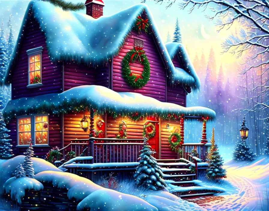 Snow-covered cabin with Christmas decor in winter twilight