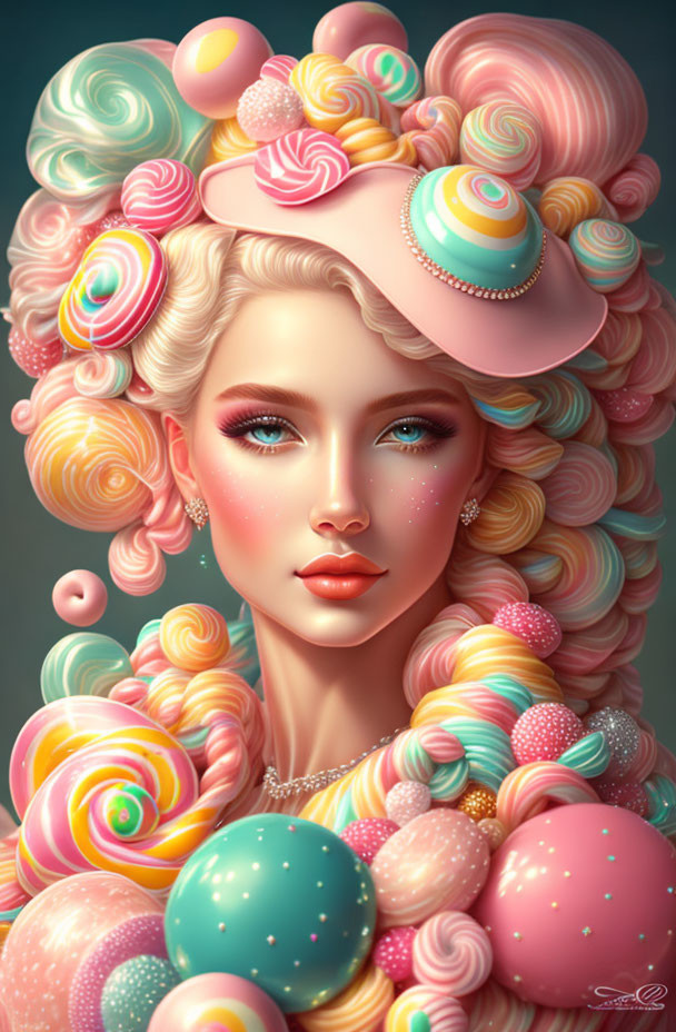 Colorful portrait of woman with candy-themed hair and glittering freckles