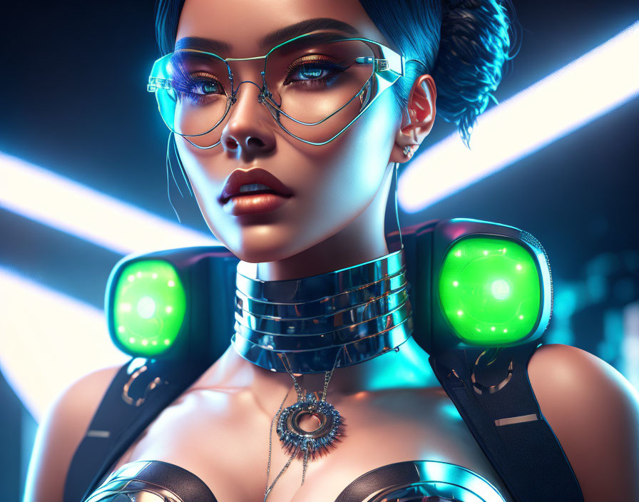 Futuristic woman in glowing glasses and cybernetic attire