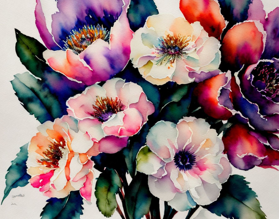 Colorful Watercolor Painting of Multicolored Flower Bouquet