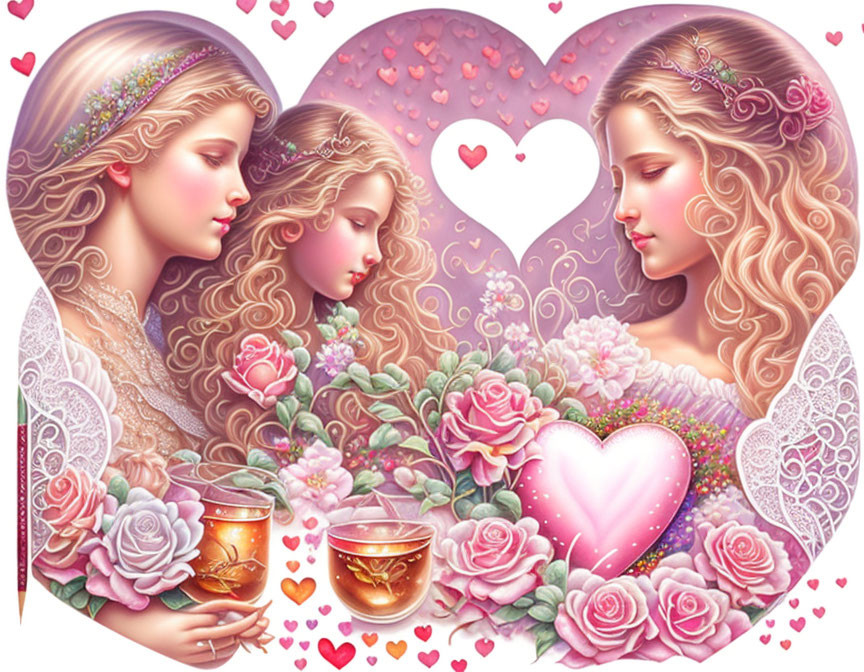 Fantasy illustration of three women with ornate hair in pink and purple palette, surrounded by roses and