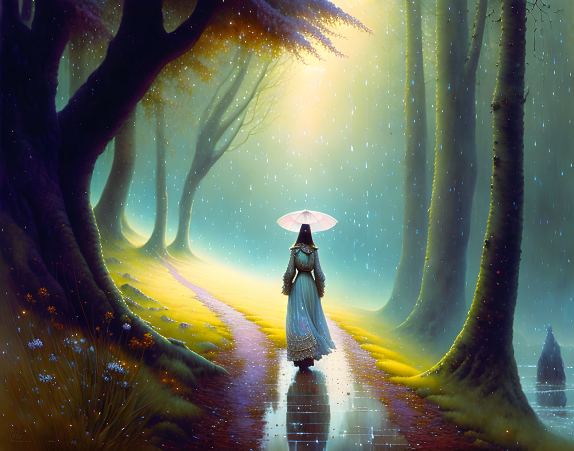 Person with umbrella walking through mystical glowing forest