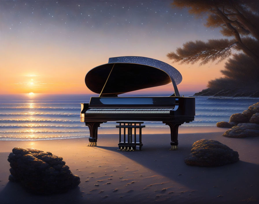 Grand Piano on Serene Beach at Sunset with Starry Sky and Tree