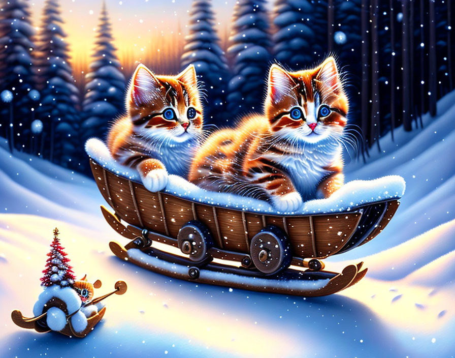 Two kittens in snow-covered sled with winter forest backdrop.