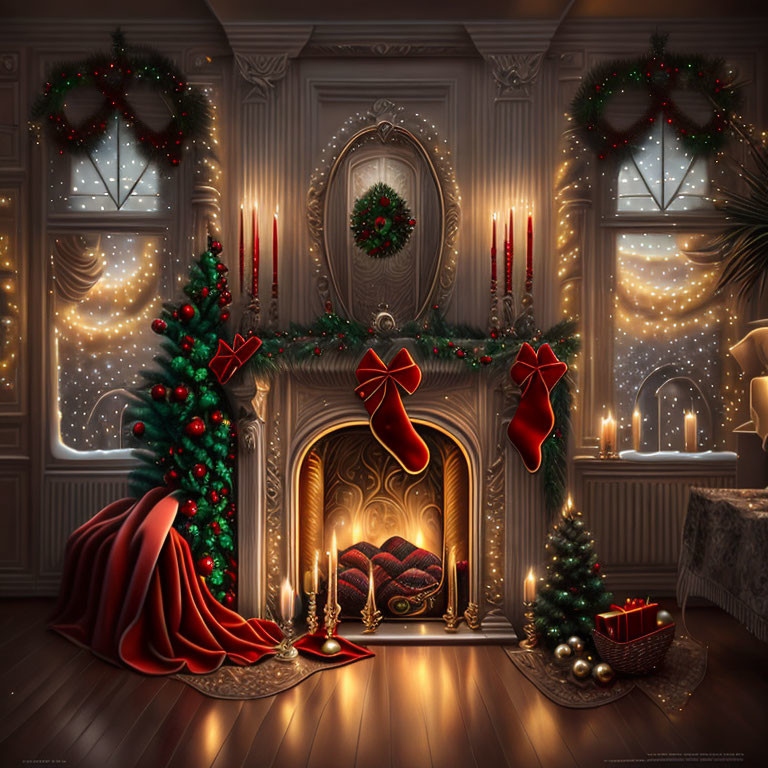 Festive Christmas interior with tree, stockings, fireplace, wreath, candles, and snow.