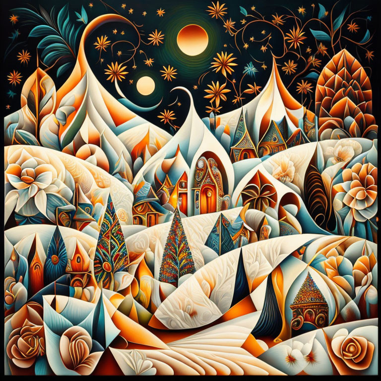 Vibrant geometric landscape with mountains, florals, and celestial bodies