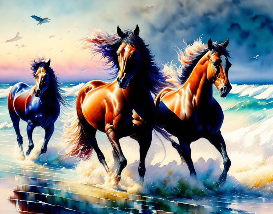 Three vibrant horses running in water under dramatic sky