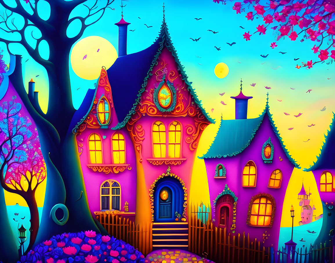 Colorful Fantasy Houses with Floral Elements and Magical Sky