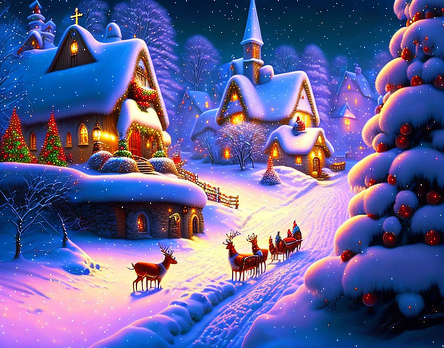 Snow-covered winter village scene with Christmas decorations, church, sleigh, and deer at night