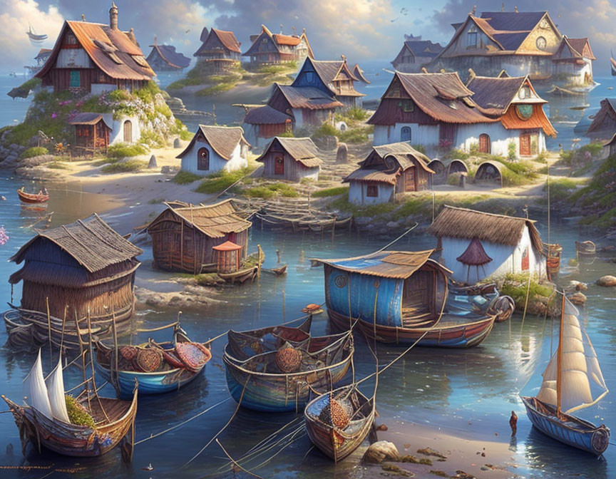 Tranquil coastal village with thatched-roof houses and wooden boats