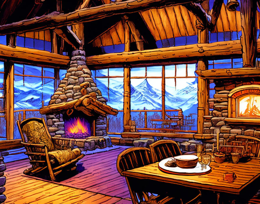 Rustic cabin interior with fireplace, wooden furniture, snowy mountain view