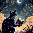 Starry fur cat reading book under crescent moon in night sky