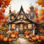 Cozy autumn cottage with gabled roof and seasonal decor surrounded by orange trees